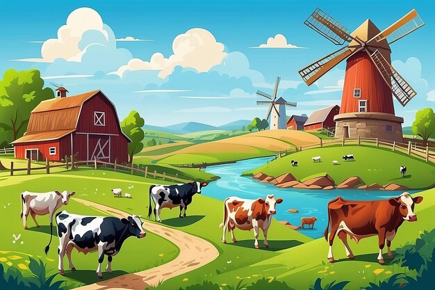 Paisagem agrícola rural com campos verdes e animais de celeiro vacas moinhos de vento na colina com céu azul e nuvens desenho animado vetorial