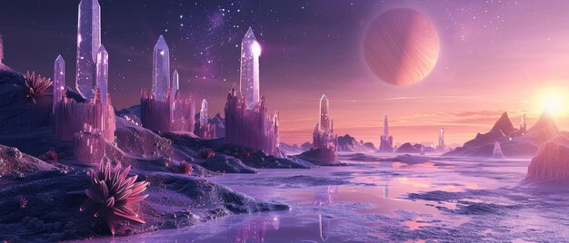 Paisagem alienígena de fantasia com cristais e planetas