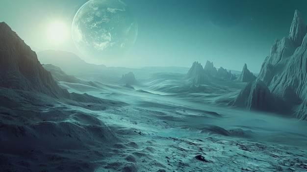 Paisagem alienígena surreal com planeta distante terreno acidentado e uma atmosfera misteriosa Ideal para temas de sci-fi e conceitos de exploração espacial