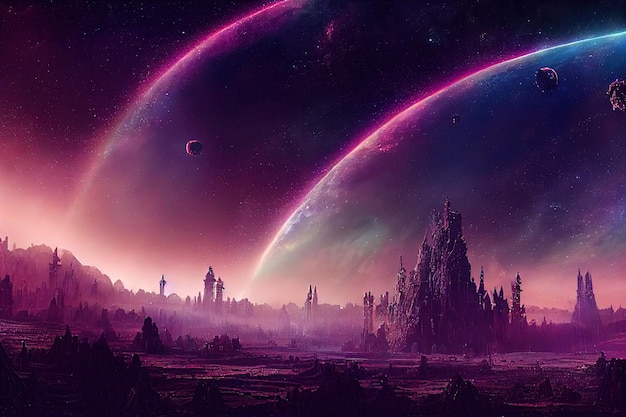 Paisagem alienígena um panorama de uma superfície de outro planeta ao nascer do sol Pintura de estilo de arte digital