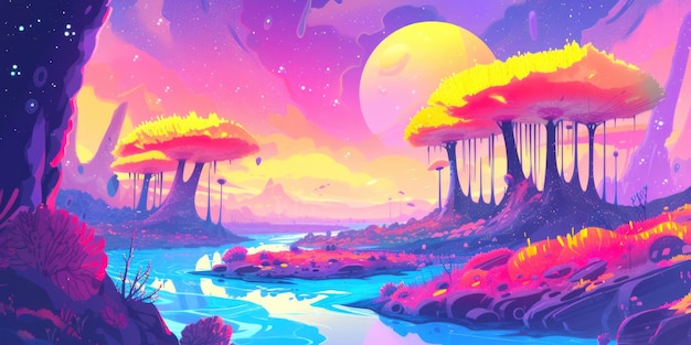 Paisagem alienígena Uma ilustração colorida e brilhante da natureza extraterrestre