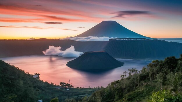 Foto paisagem amanhecer com vista para o vulcão batur vulcão bali indonésia