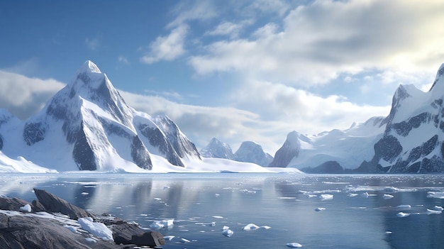 Paisagem antártica com icebergs no oceano e montanhas