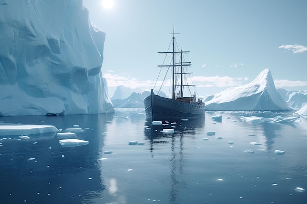 Paisagem antártica com navio e icebergs O navio atravessando o mar congelado Generative AI