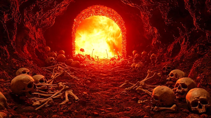 Foto paisagem apocalíptica do submundo com esqueletos de lava ardente e destruição em um cenário de caverna de fantasia