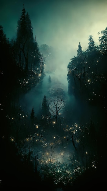 Paisagem assustadora de floresta assombrada realista à noite Fundo de floresta de Halloween de fantasia Arte digital