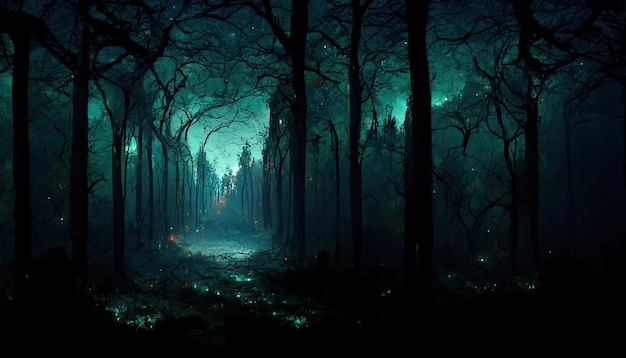 Paisagem assustadora de floresta assombrada realista à noite fundo de floresta de halloween de fantasia arte digital