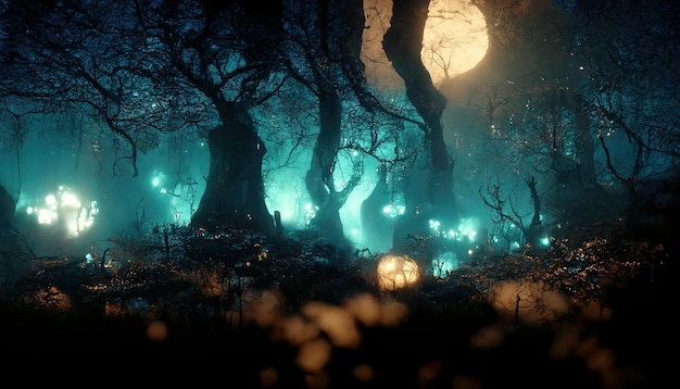 Paisagem assustadora de floresta assombrada realista à noite Fundo de floresta de Halloween de fantasia Arte digital