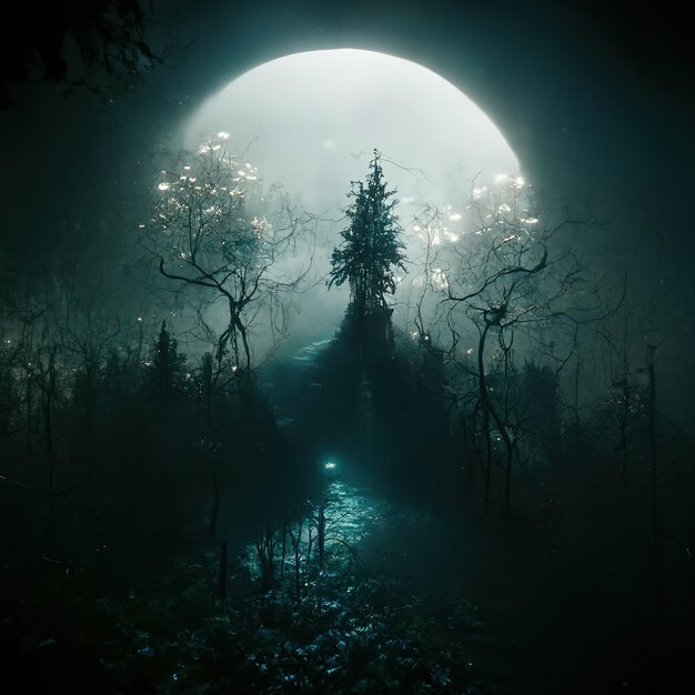 Paisagem assustadora de floresta assombrada realista à noite Fundo de floresta de Halloween de fantasia Arte digital