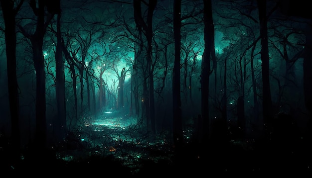 Paisagem assustadora de floresta assombrada realista à noite Fundo de floresta de Halloween de fantasia Arte digital