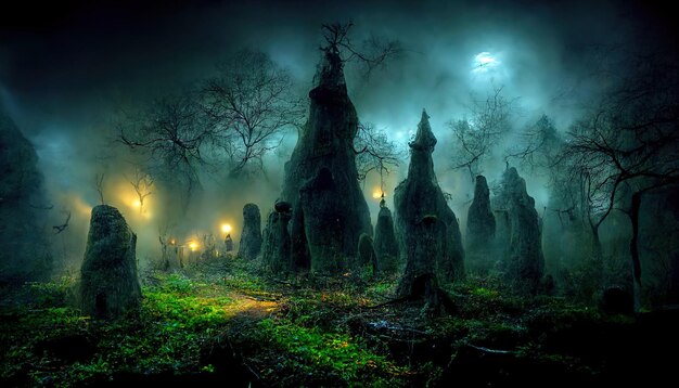 Paisagem assustadora realista da floresta assombrada à noite. Fundo de floresta de fantasia de Halloween. ilustração 3D