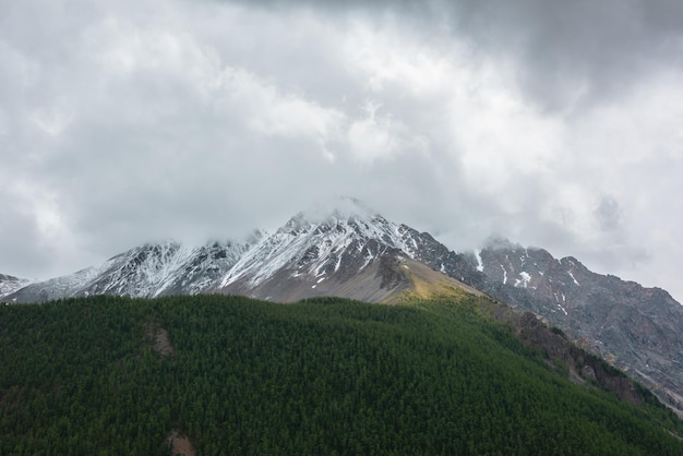 Paisagem atmosférica escura com montanha de neve florestal em nuvens baixas Cenário nublado sombrio com montanhas altas com floresta e neve sob céu cinza de baixo chumbo Vista sombria para grande cordilheira nevada