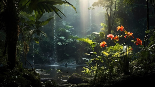 paisagem atmosférica tropical com uma cachoeira na selva