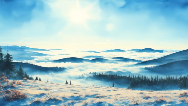 Paisagem azul de floresta nebulosa colina de inverno natureza selvagem congelada névoa taiga aquarela fundo AI gerado