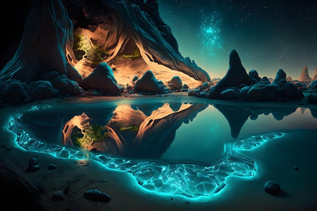 Paisagem Bioluminescência brilhante plâncton na fantasia de água algas luminescentes no lago da montanha à noite cena incrivelmente bonita Estrelas refletidas na água