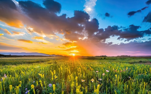 Paisagem bonita com sol radiante Gerada por IA