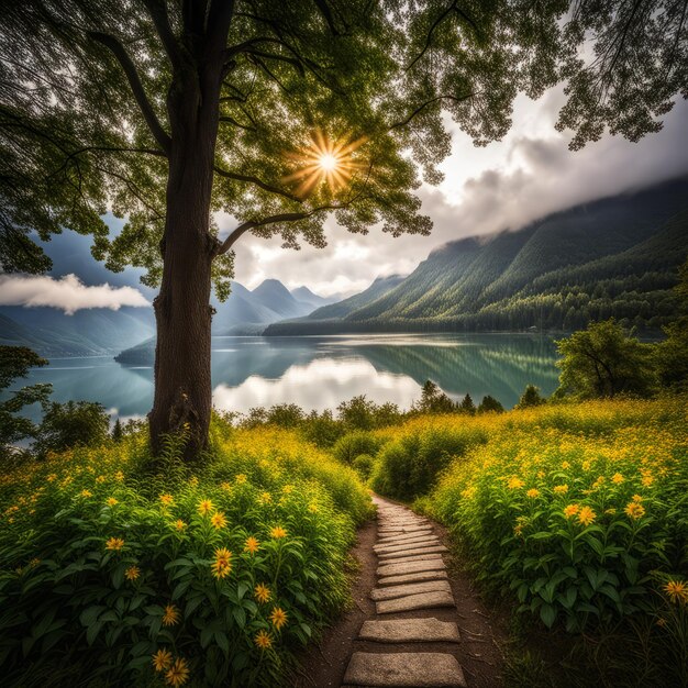 Foto paisagem bonita com um lago nas montanhas paisagem linda com um lago na montanha