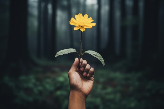 Paisagem bonita com uma pessoa segurando uma flor amarela IA generativa