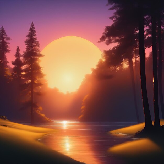 Paisagem bonita do lago ao pôr do sol 3d render paisagem bonita de lago ao pór do sol 3D render