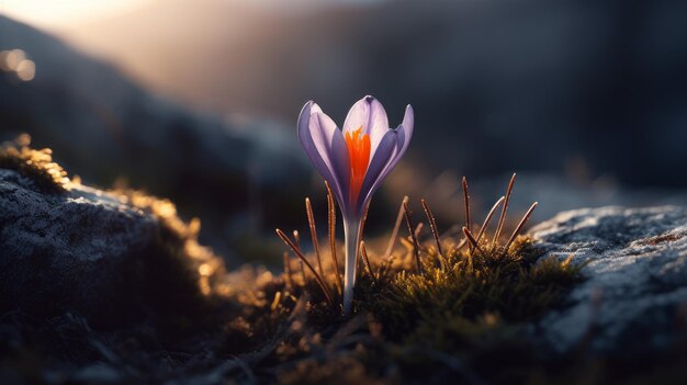 Paisagem cárstica com vibrantes flores de açafrão ao nascer do sol em St.