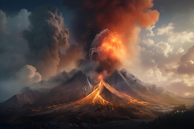 Paisagem cênica com erupção do vulcão mount com lava e magma generative ai