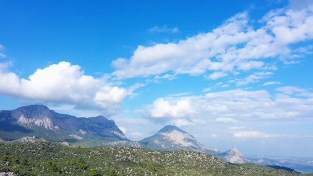 Paisagem cênica da natureza do verão montanhas verdes sob o céu nublado azul vista panorâmica do drone