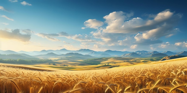 Paisagem cênica de campos intermináveis de trigo maduro contra o pano de fundo das montanhas