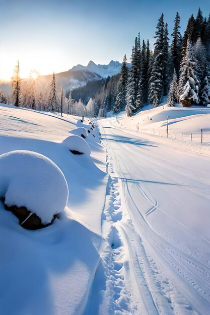 Paisagem cênica de neve de inverno com estrada no fundo da floresta