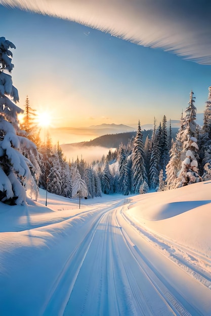 Paisagem cênica de neve de inverno com estrada no fundo da floresta