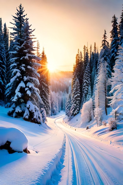 Paisagem cênica de neve de inverno com estrada no fundo da floresta