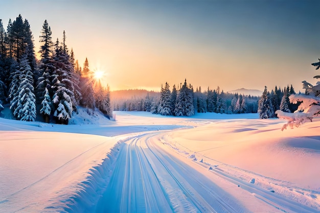 Paisagem cênica de neve de inverno com estrada no fundo da floresta