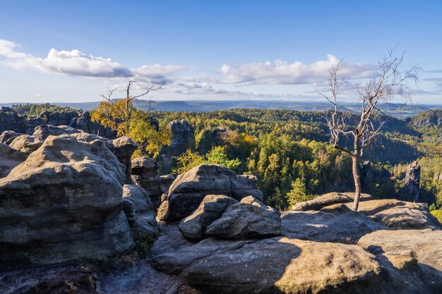 Foto paisagem cênica de paisagem de montanha à luz do sol parque nacional da suíça saxônica alemanha