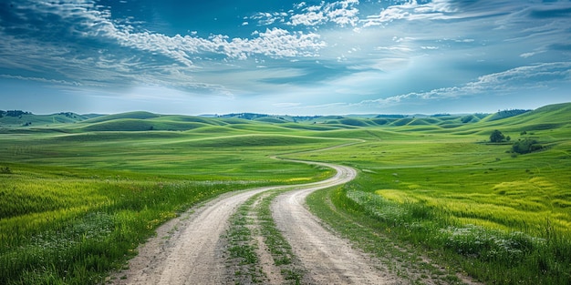 Paisagem cênica de uma estrada de terra rural que serpenteia através de uma colina de grama verde exuberante