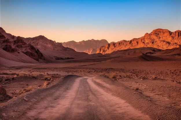 Paisagem cênica do deserto com uma estrada de terra e montanhas ao fundo Generative AI