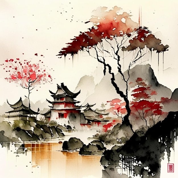 Foto paisagem chinesa e cenário natural em estilo aquarela