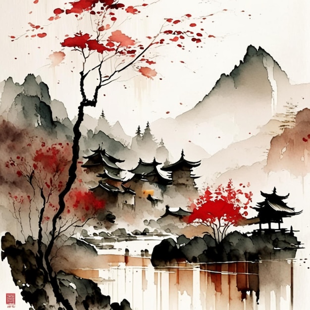 Paisagem chinesa e cenário natural em estilo aquarela