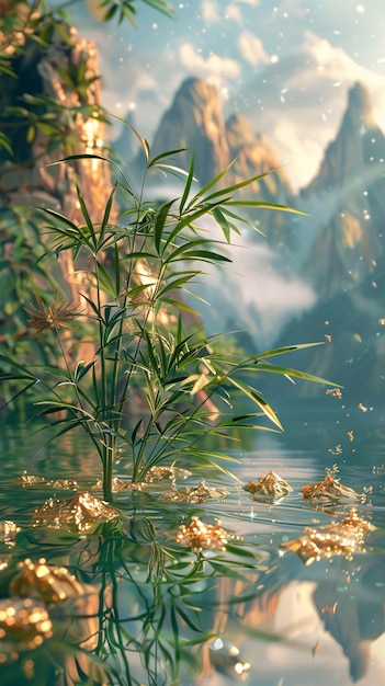 Paisagem chinesa folha de ouro delineia picos de montanhas e material de vidro de bambu verde Dragon Boat F