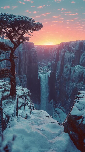 Foto paisagem coberta de neve com árvores antigas gigantes