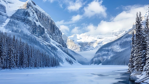 Foto paisagem coberta de neve com árvores e montanhas ao fundo gerada por ia