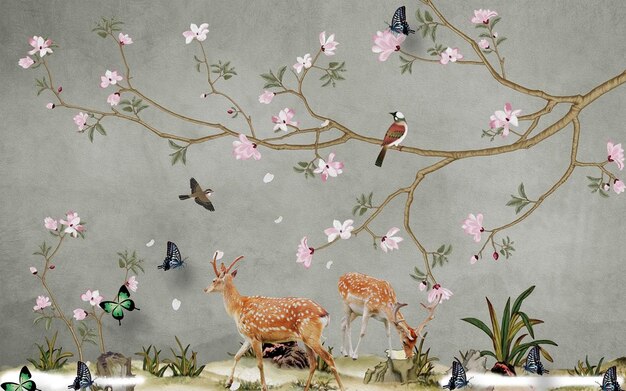 Paisagem colorida com belos cervos e pássaros Papel de parede