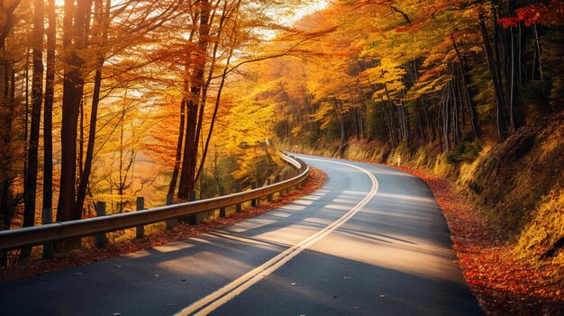 Paisagem colorida com estrada através da floresta no outono AI Generative