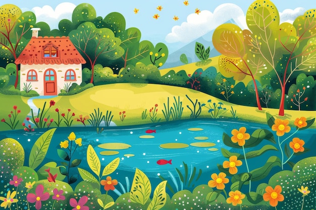 Paisagem colorida com uma casa, uma lagoa e peixes Imitação de desenho artístico ingênuo