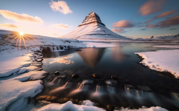 Paisagem com a famosa montanha Kirkjufell e a cachoeira Kirkjufellsfoss Islândia Generative AI