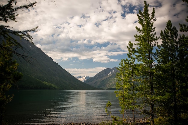 Paisagem com a imagem lago da floresta com reflexo na água na Sibéria em algum lugar no meio da taiga Vista do belo lago e montanhas através do abeto verde