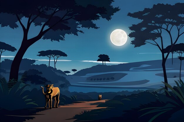 Paisagem com acácias à noite ilustração de desenho animado vetorial da savana africana com lua cheia