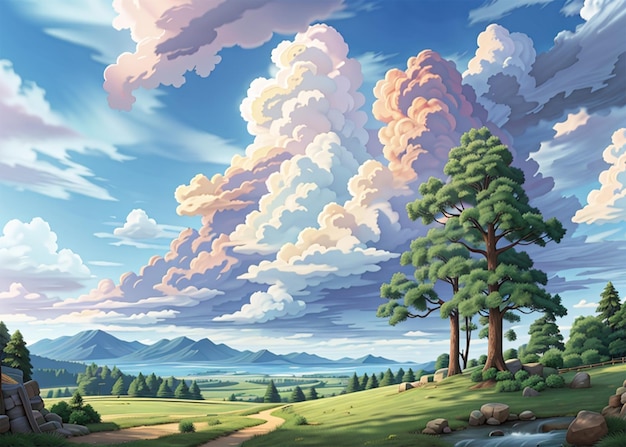 Foto paisagem com árvores altas montanhas majestosas e um céu cativante