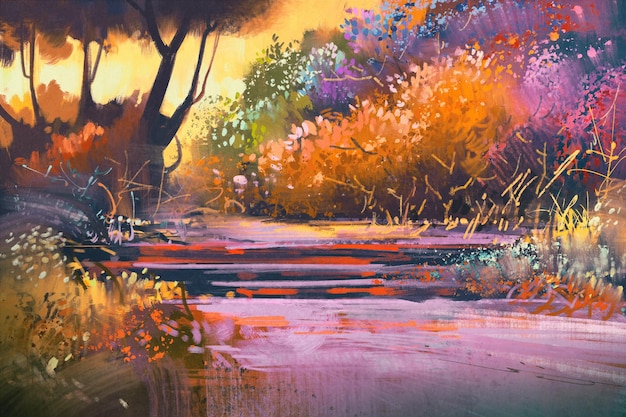 paisagem com árvores coloridas na floresta, pintura de ilustração