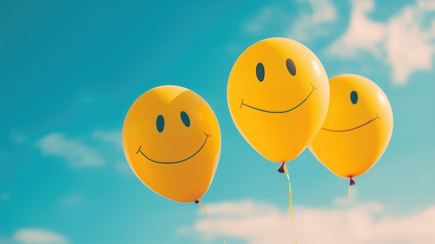 Foto paisagem com balões amarelos com rostos felizes céu bonito com nuvens ia geradora