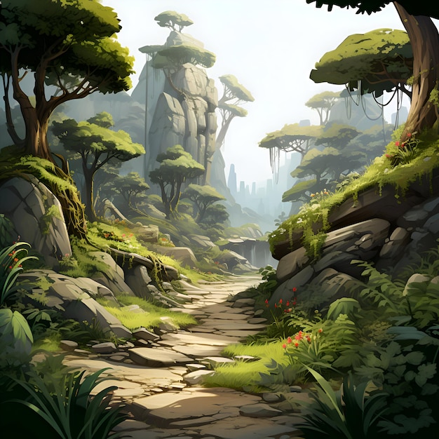 Paisagem com caminho na selva Ilustração de renderização 3D