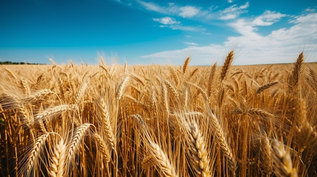 Paisagem com campo de trigo dourado e dia ensolarado sob céu azul campo rural generativo AI